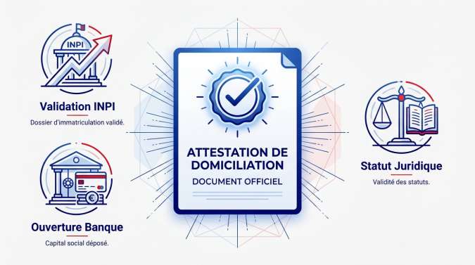 Infographie présentant les bénéfices clés de l'attestation de domiciliation pour une entreprise