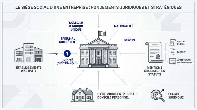 Représentation symbolique du siège social d'une entreprise et de ses fondements juridiques