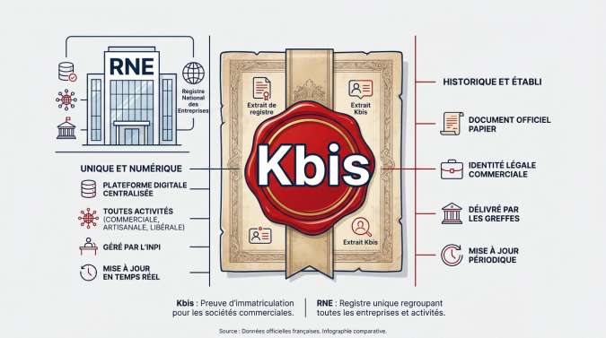Comparaison visuelle entre un extrait Kbis du greffe et un extrait du Registre National des Entreprises