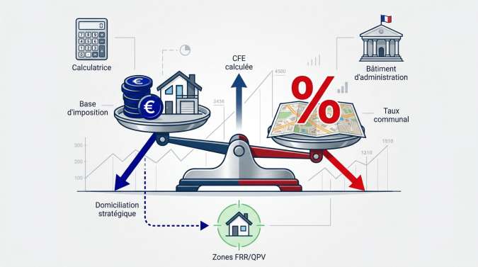 Infographie expliquant le calcul de la CFE entre base d'imposition et taux communal