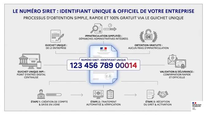 Infographie expliquant comment obtenir un numéro SIRET gratuitement via les plateformes officielles